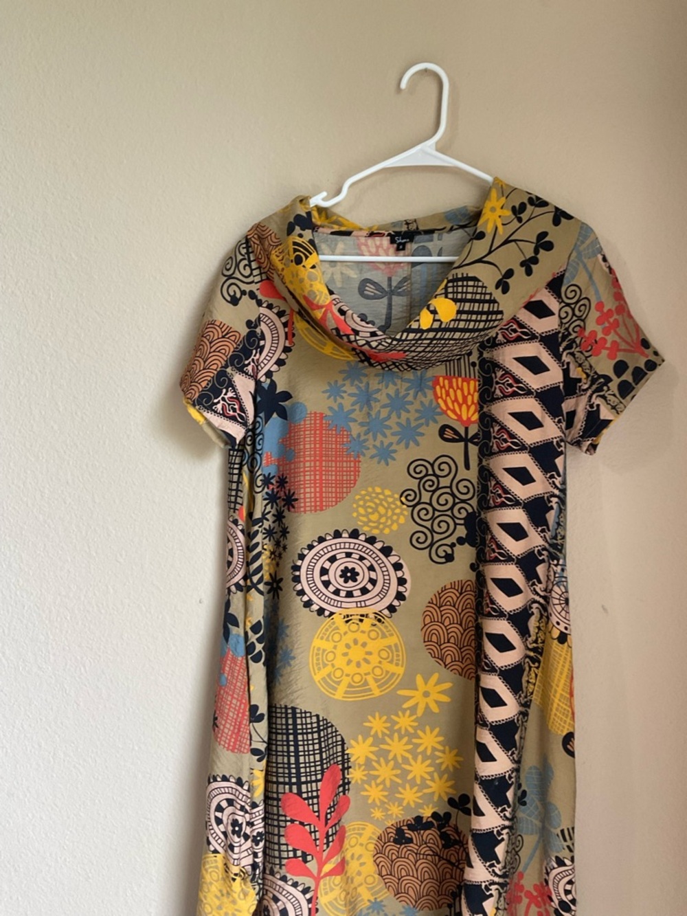 Shana Cowl-Neck Multicolor Floral & Geometric Dress — Yellow, Blue, Coral, Black
